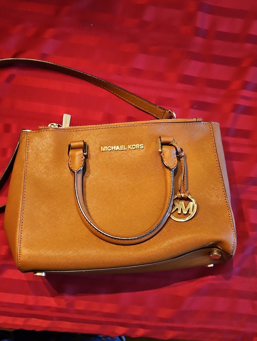 Michael Kors Tan Leather Satchel with Gold MK Charm